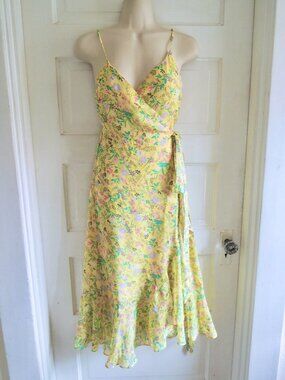 Lulus Yellow Alexandria Floral Print Midi Wrap Ruffle Dress XS